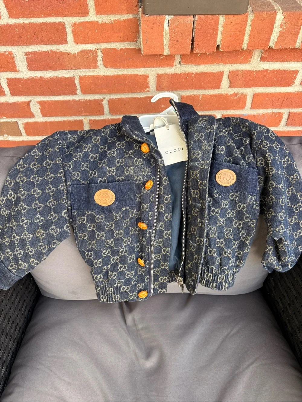 Gucci Kids Dark Blue Monogram Denim Jacket with Tan Buttons